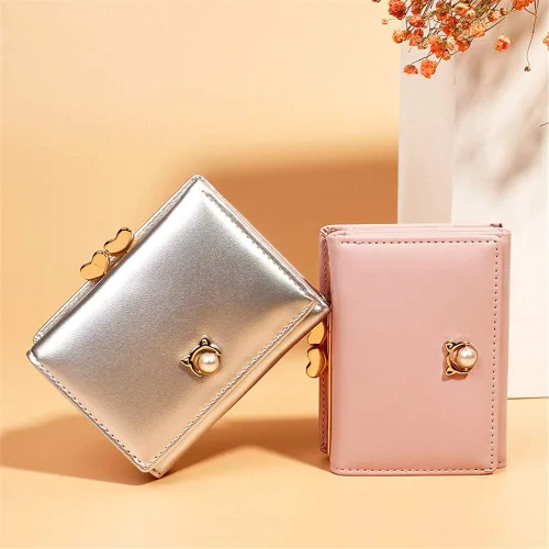 Miniatura 2 de JIUFENG Cartera corta con bloqueo RFID para mujer, triple, moda coreana, multifuncional, con perla, tarjetero