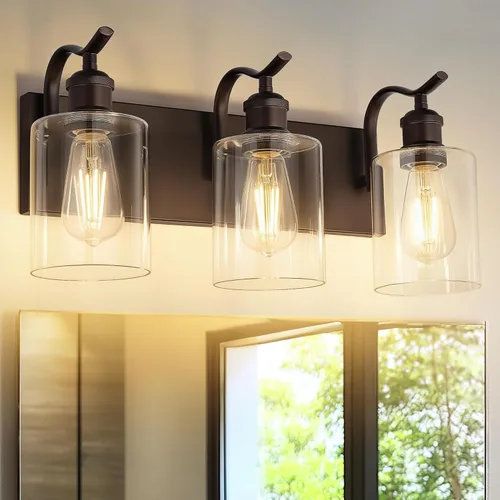 Miniatura 28 de Lámpara de tocador de baño de 3 luces, aplique de pared de níquel cepillado, lámpara de baño moderna con vidrio transparente, VL01BN-3 Níquel