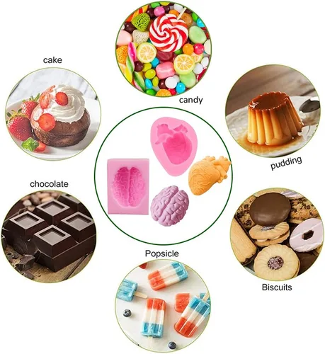 Miniatura 4 de WYD 2 piezas de molde de mousse de helado de corazón humano y cerebro 3D DIY Halloween órgano sorpresa molde de silicona para fondant de dulce