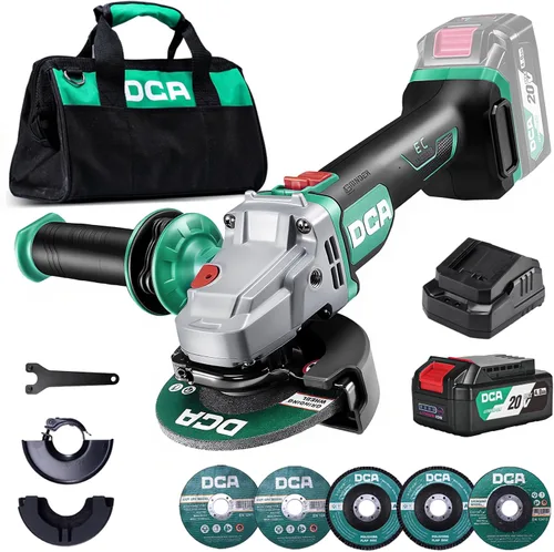 DCA Amoladora Angular Inalámbrica de 4-1/2 pulgadas, Motor sin Escobillas de 20V 8500RPM, Amoladora de Batería con Protector sin Herramientas,