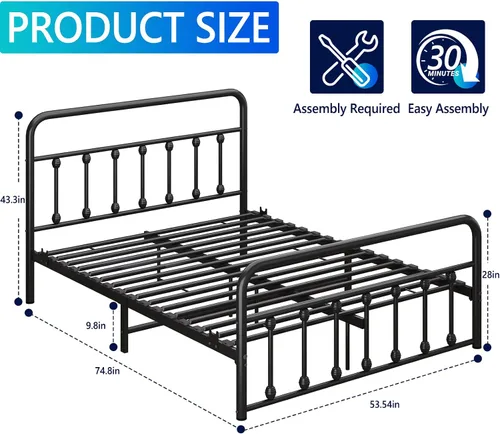 Miniatura 2 de erosoei Base de cama matrimonial completa de metal con espacio de almacenamiento, base de cama de acero de 74.8 pulgadas con almohadillas