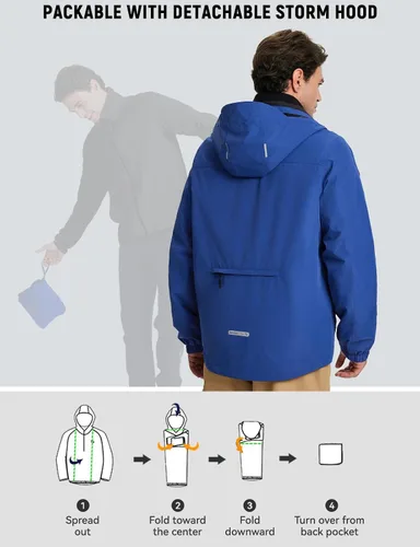 Miniatura 6 de baleaf Chaqueta impermeable para hombre 3 en 1 para esquí de invierno, rompevientos con capucha reflectante, plegable, con chaqueta de forro polar
