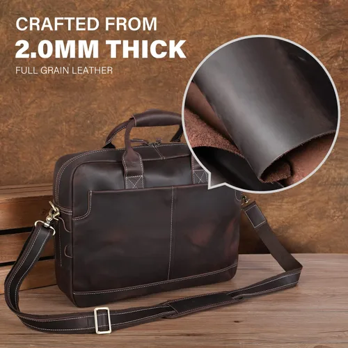 Miniatura 2 de Maletín de cuero genuino para hombre, maletín de cuero de grano completo de 16 pulgadas, bolsa de mensajero con cremalleras de metal YKK