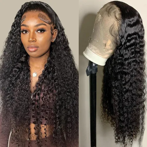 Miniatura 7 de Peluca de cabello humano con malla frontal de onda profunda 13x4 HD, transparente, con rizos, para mujeres, 180% de densidad, sin pegamento, cabello
