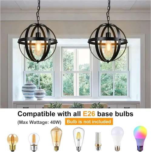 Miniatura 3 de DLLT - Lámpara colgante de globo vintage, negro mate, 1 luz, base E26, ideal para comedor, isla de cocina, sala de estar, oficina en casa