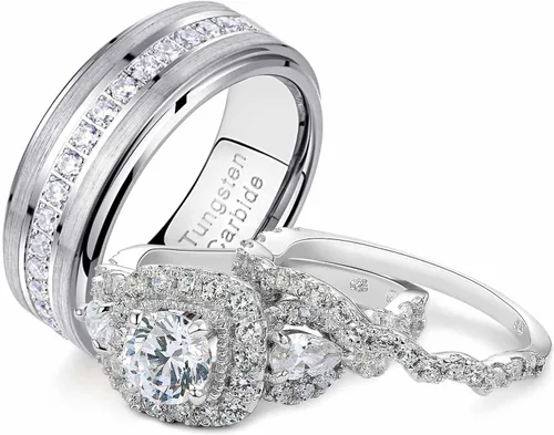 Newshe Jewellery Juego de anillos de boda para él y ella, anillos de promesa de plata esterlina para parejas, mujeres, hombres, tallas 5-13