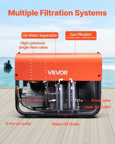 Miniatura 3 de VEVOR Compresor de Aire PCP, Compresor de Aire para Tanque de Buceo de 4500 PSI/30 Mpa, Compresor de Buceo PCP de Doble Cilindro con Parada