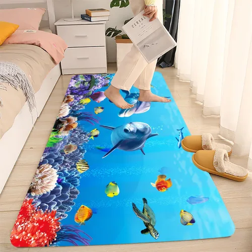 Miniatura 8 de LYFANS Alfombras absorbentes y antideslizantes para uso en cocina y baño, alfombrillas modernas de arte azul con delfín en 3D (61x41 cm)