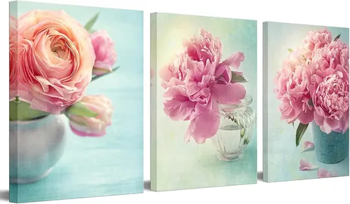 Nachic Wall Arte de pared con diseño de peonía, decoración de baño verde azulado y rosa, impresión en lienzo con flores rosas, listas para colgar