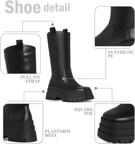Miniatura 7 de VIMISAOI Botas de plataforma de bloque grueso para mujer, punta redonda, botas góticas hasta la rodilla, botas de media pantorrilla