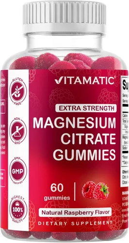 Vitamatic Gomitas de magnesio extra fuertes, 255 mg (magnesio elemental) por porción, 60 gomitas veganas que apoyan la relajación, la función