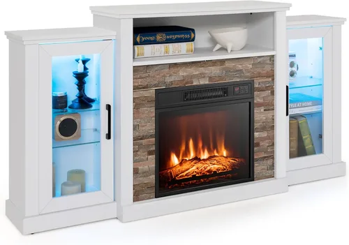 Tangkula Soporte de TV para chimenea eléctrica, chimenea eléctrica con luces LED de 16 colores, estantes de vidrio ajustables, control remoto y