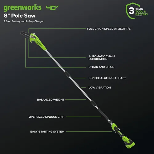 Miniatura 2 de Greenworks Sierra de poste inalámbrica de 40 V y 8 pulgadas, batería de 2.0 Ah y cargador incluidos PS40B210