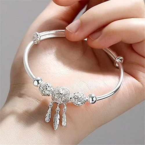 Miniatura 7 de Pulsera de plata de ley 925 hecha a mano vintage con atrapasueños, pulsera ajustable tallada para regalo para mujeres en cumpleaños, aniversarios