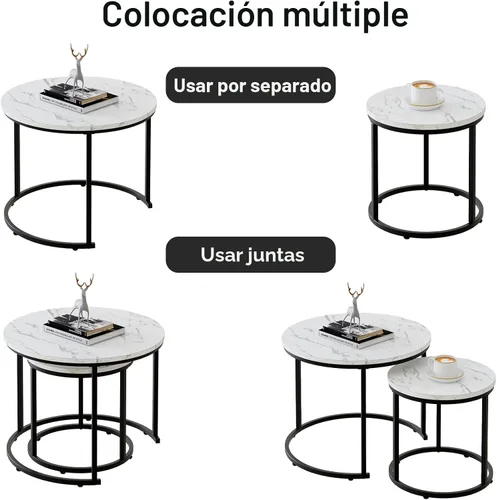 Miniatura 7 de aboxoo Juego de 2 mesas de centro redondas anidadas, mesa auxiliar para sala de estar, dormitorio, balcón, mesa de acento de madera con marco
