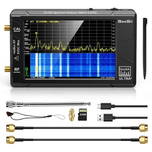 SeeSii Analizador de espectro TinySA Ultra+ ZS406, 4.0 pulgadas, 100 kHz a 5.4 GHz, analizador de frecuencia pequeña portátil con tarjeta de 32 GB,