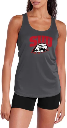 Miniatura 355 de Camiseta deportiva sin mangas oficial de la NCAA Collegiate para mujer, con espalda cruzada, logotipo primario, colección carbón