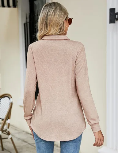 Miniatura 3 de Micoson Sudadera de manga larga con solapa y botones para mujer, cuello en V, casual, para negocios, sudadera con vuelo