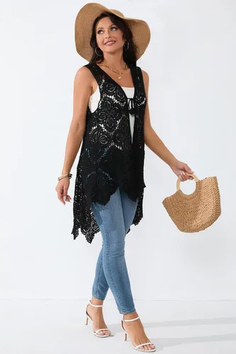 Miniatura 6 de Chaleco de encaje de ganchillo para mujer, estilo bohemio, sin mangas, kimono con dobladillo irregular
