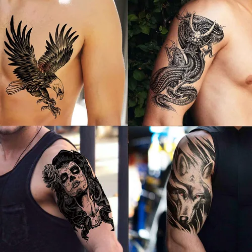 Miniatura 2 de VANTATY 50 hojas de tatuajes temporales negros para hombres y adultos, animales de lobo león dragón, falsos pequeños tatuajes temporales