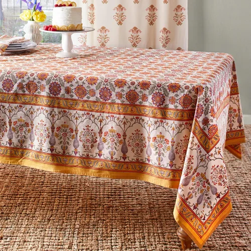 Miniatura 12 de Saffron Marigold Mantel redondo estampado a mano – Naranja indio verano lujoso 100% algodón, lavable, para decoración del hogar, cocina, café o mesa
