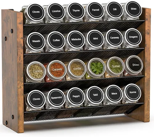 NESAPTO Organizador de especias para gabinete, organizador de condimentos vertical de madera de 4 niveles, montaje en pared o estante de especias de