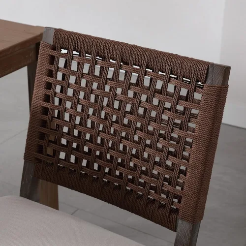 Miniatura 9 de chairus Juego de 2 sillas de comedor tapizadas, sillas de comedor costeras bohemias con respaldo de cuerda tejida de nogal marrón, patas de madera