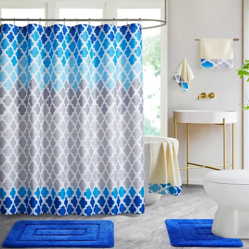 WPM - Juego de alfombras de baño, toallas y cortina de ducha, juego de alfombras de baño con estampado de enrejado de color azul real (degradado
