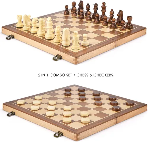 Miniatura 2 de AMEROUS Juego de ajedrez y damas de madera de 15 pulgadas con piezas de ajedrez ponderadas mejoradas - 2 reinas extra - 24 piezas de damas