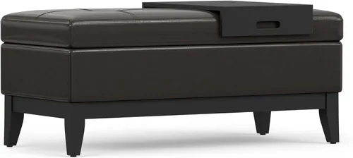 Miniatura 17 de SIMPLIHOME Oregon - Banco otomano de almacenamiento con bandeja, banco otomano rectangular de cuero vegano de 42 pulgadas de ancho, color marrón