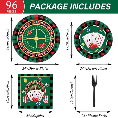 Miniatura 2 de Juego vajilla 96 piezas para fiesta con temática de casino, decoraciones fiesta cumpleaños Las Vegas, platos de papel de postre, servilletas