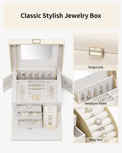 Miniatura 4 de Vlando Joyero organizador para niñas y mujeres, caja de almacenamiento de joyería barroca grande con espejo, cajones para pulseras, aretes, anillos