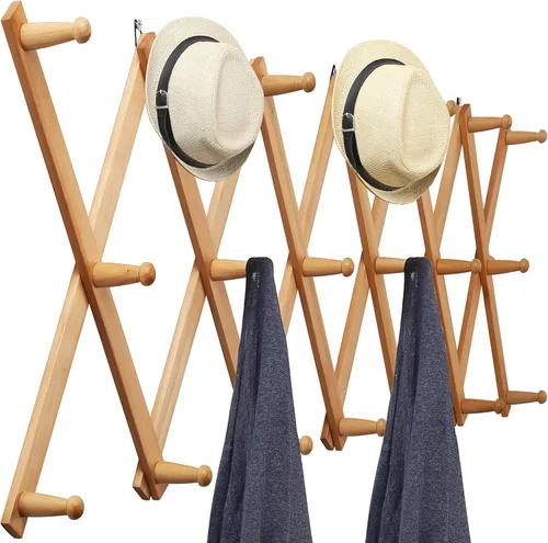 Miniatura 43 de WEBI Acordeón para colgar en la pared, percha de pared para sombreros, acordeón, expandible, de madera, montado en la pared, estante de gancho