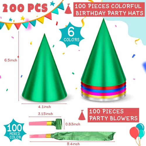 Miniatura 2 de Sotiff Juego de 200 sombreros y sopladores para fiesta de cumpleaños, cono colorido, sombrero metálico de papel de aluminio para niños y adultos