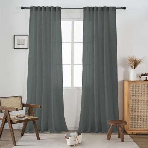 Miniatura 24 de Cortinas de lino transparente color crema de 96 pulgadas de largo para sala de estar, 2 paneles con bolsillo con pestaña trasera, suaves, naturales