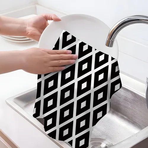 Miniatura 3 de Juego de 2 paños de cocina y paños de cocina con diamantes en blanco y negro, toallas de cocina para secar platos, suaves y absorbentes, secado a