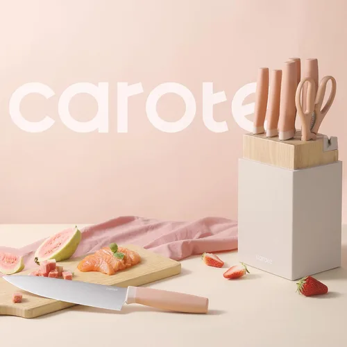 Miniatura 8 de CAROTE Juego de 9 piezas de cuchillos de cocina con bloque y afilador, cuchillos aptos para lavavajillas para cocina, cubiertos forjados con Rosa