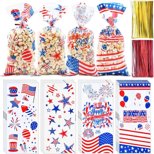 160 piezas de 4 estilos de bolsas de regalo de celofán para el 4 de julio con lazos de torsión, diseños de bandera patriótica de EE. UU., estrellas