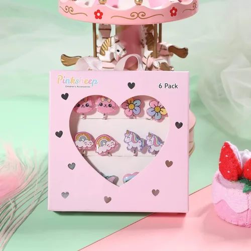 Miniatura 2 de PinkSheep Aretes de clip brillantes para niñas pequeñas, 6 pares de aretes de unicornio, aretes de arco iris para niños, el mejor regalo, Aleación