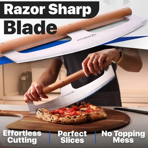 Miniatura 7 de KitchenStar Cortador de pizza con hoja basculante de 16 pulgadas + cáscara de pizza de madera de 16 pulgadas + piedra para pizza para horno