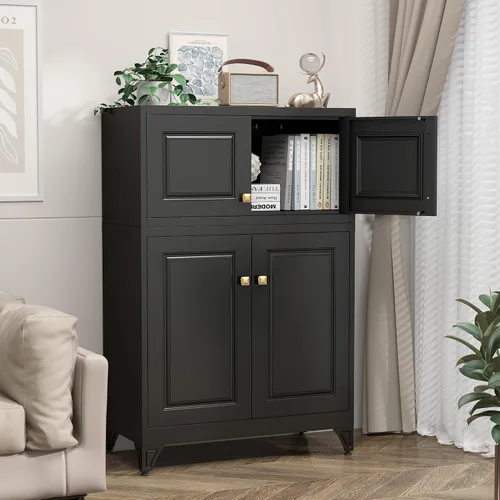 Miniatura 6 de Armario de almacenamiento de metal con puertas, armario pequeño de armario, armario de pared de almacenamiento negro, gabinetes de ropa de 15