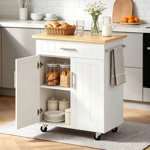 Miniatura 7 de JY QAQA Isla de cocina de 22" con ruedas con gabinete de almacenamiento, carrito de cocina con estantes, mango de carrito para toallero o movilidad