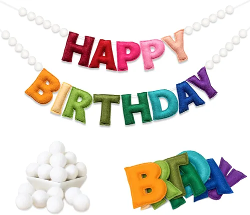 Miniatura 24 de Cartel de feliz cumpleaños pre-encordado – Guirnalda de bola de fieltro, decoraciones de fiesta temática blanca, guirnalda de feliz cumpleaños