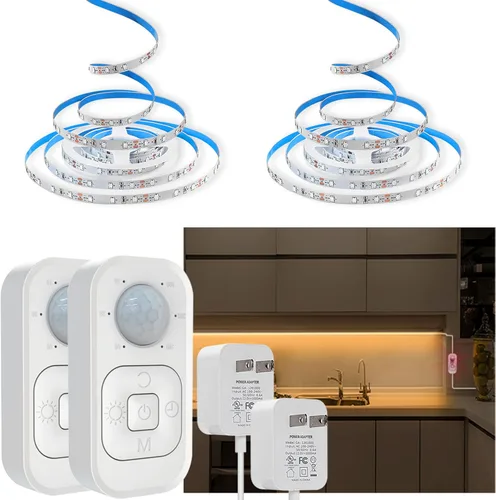DGD Luces para debajo del gabinete, tira de luces LED con sensor de movimiento enchufable para interiores con adaptador aprobado por UL FCC, BLANCO