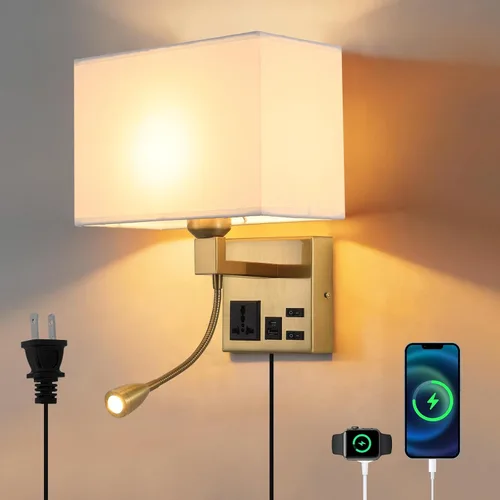 Miniatura 9 de Apliques de pared con cableado moderno para dormitorio con puerto USB y lámpara de lectura, lámparas de pared de noche para hotel, sala de estar
