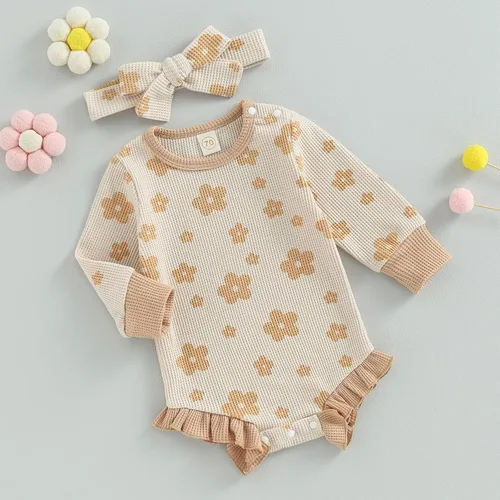 Miniatura 13 de Ropa de bebé recién nacida, sudadera floral de manga larga, mameluco con volantes, diadema de gofre, traje de otoño de una pieza
