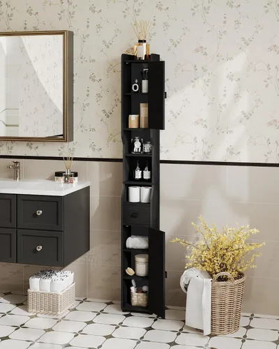 Miniatura 3 de HEXCELEN Gabinete de almacenamiento para baño, gabinete de baño estrecho y alto, gabinetes de piso independientes con 2 puertas y 1 cajón