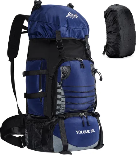 Mochila de senderismo de 90L, bolsa de camping impermeable con cubierta de lluvia, mochila ligera para mochileros, sin marco Azul