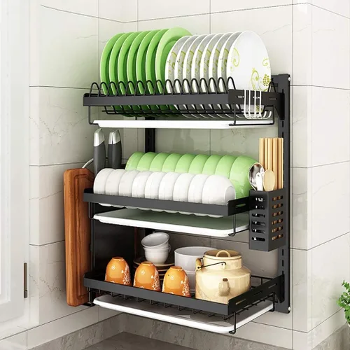 Escurridor de platos montado en la pared de acero inoxidable 201 con bandeja de drenaje, estante de cocina de 3 capas, organizador de utensilios de