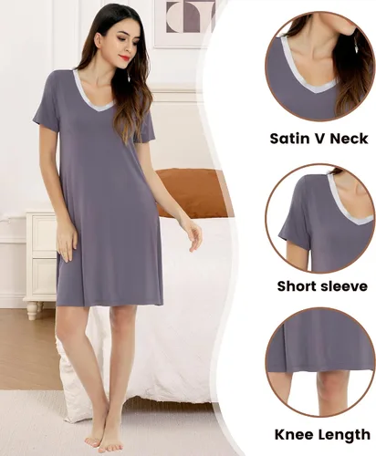 Miniatura 3 de NACHILA Camisones de viscosa para mujer, hechos de bambú, suaves camisas de dormir de manga corta, ropa de dormir suelta